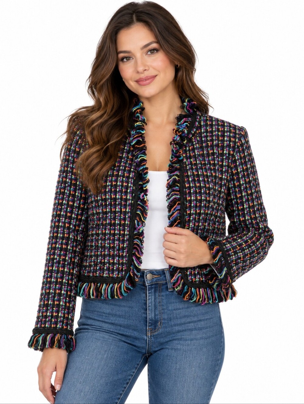 Spencer Jeremy Petites Vintage Multicolor Tweed Fringe Jacket Size 14P